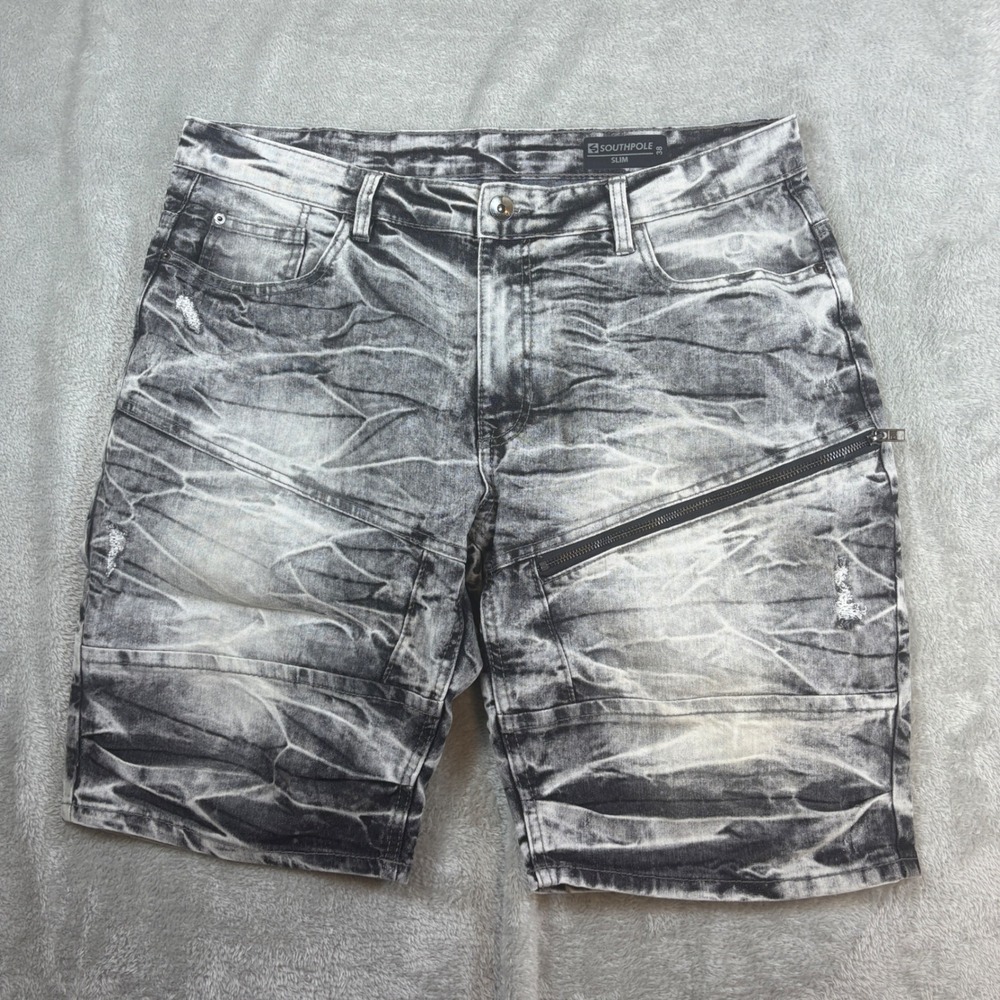 Southpole Denim Shorts Men 38 Slim Moto Acid Wash Distressed Grey Streetwear‎